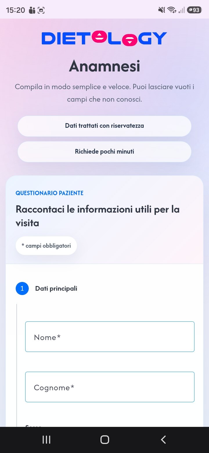 Questionario anamnesi Dietology visualizzato su smartphone